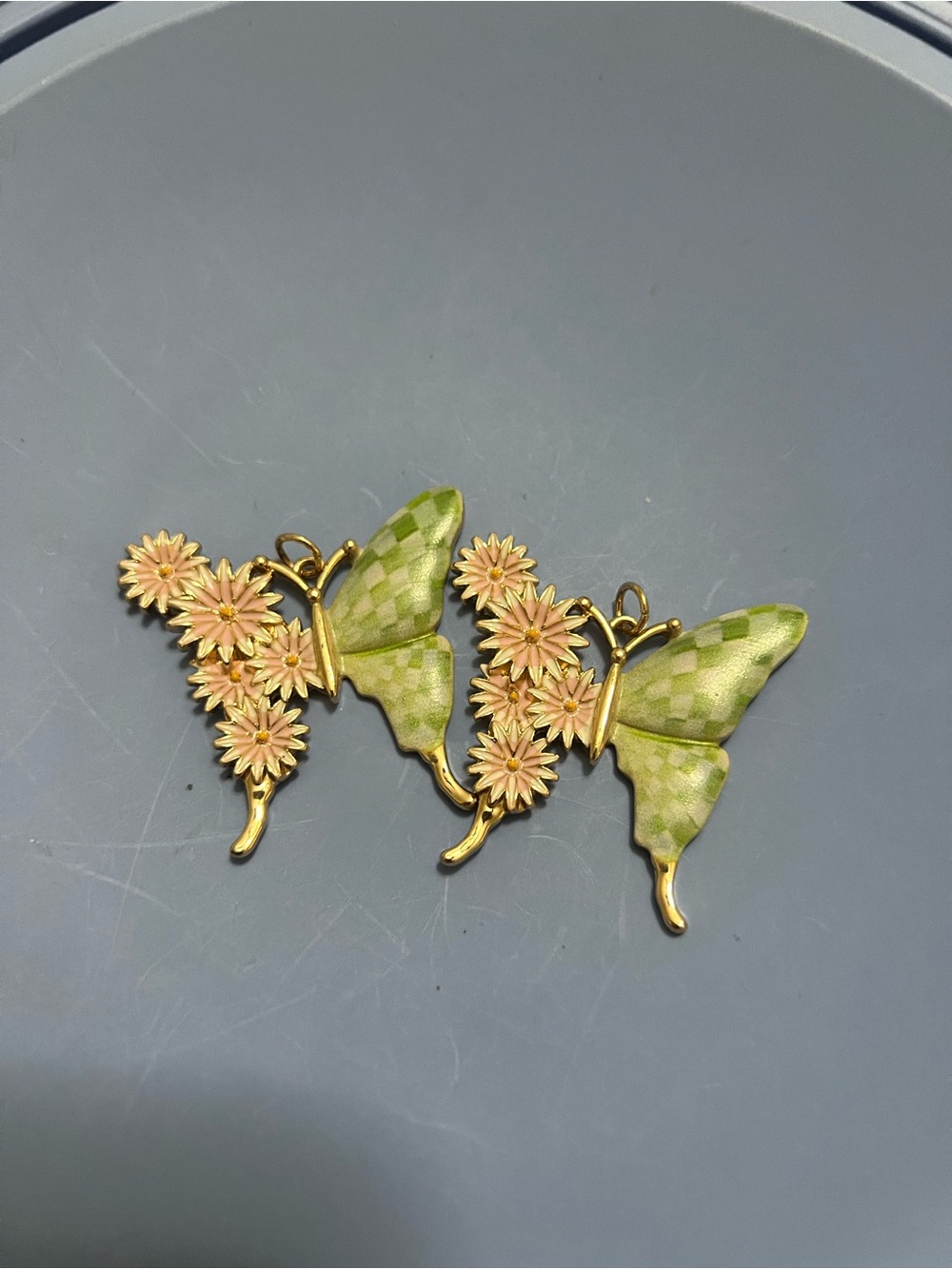 Gold-Tone Butterfly Charms with Green Enamel Wings and Peach Flowers